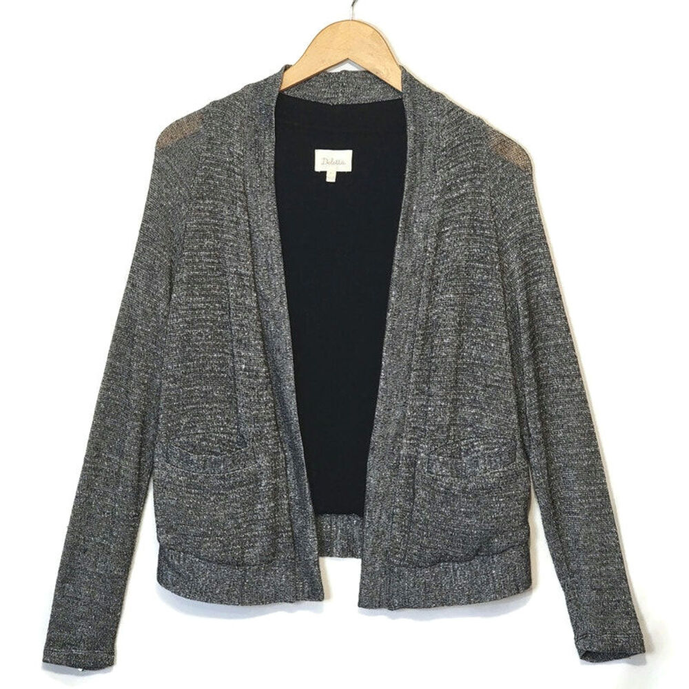 Anthropologie Deletta Metallic Silver Gray Knit Open Cardigan Sweater Size S